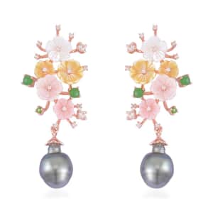 Tahitian Cultured Pearl and Multi Gemstone Dangle Earrings in Vermeil Rose Gold Over Sterling Silver 1.60 ctw