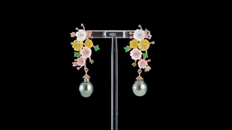 Tahitian Cultured Pearl and Multi Gemstone Dangle Earrings in Vermeil Rose Gold Over Sterling Silver 1.60 ctw
