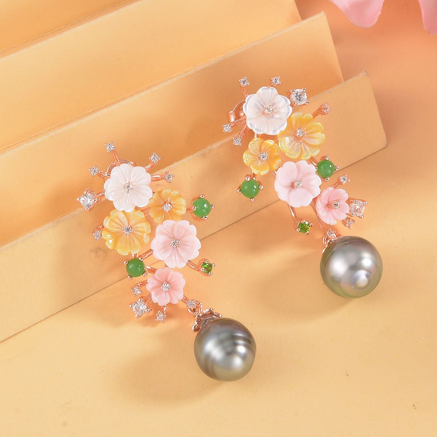 Tahitian Cultured Pearl and Multi Gemstone Dangle Earrings in Vermeil Rose Gold Over Sterling Silver 1.60 ctw