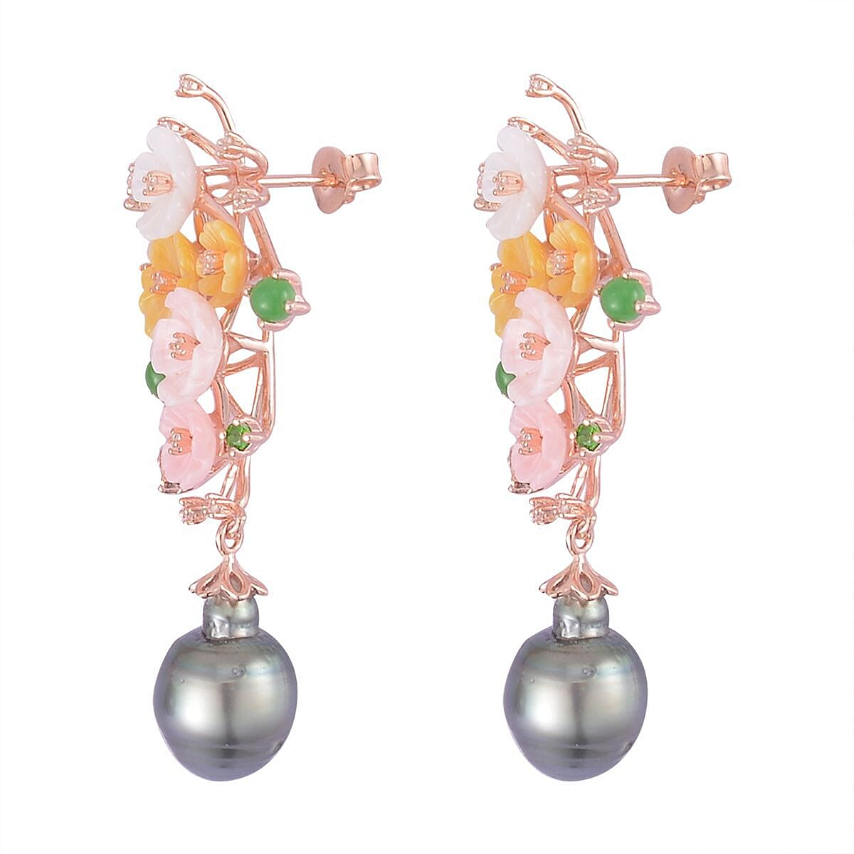 Tahitian Cultured Pearl and Multi Gemstone Dangle Earrings in Vermeil Rose Gold Over Sterling Silver 1.60 ctw
