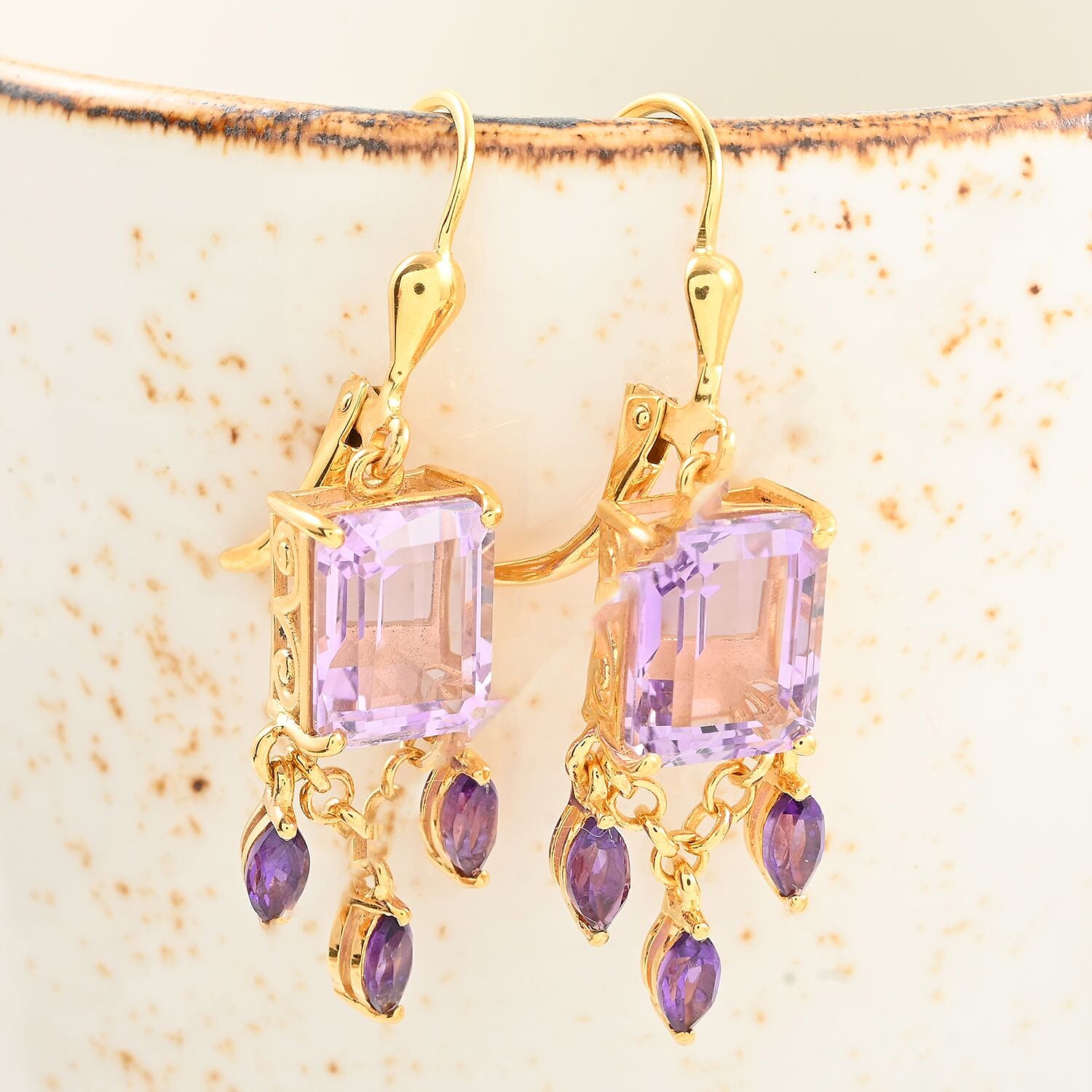 AAA Rose De France Amethyst and Amethyst Chandelier Statement Earring in Vermeil Yellow Gold Over Sterling Silver 7.20 ctw