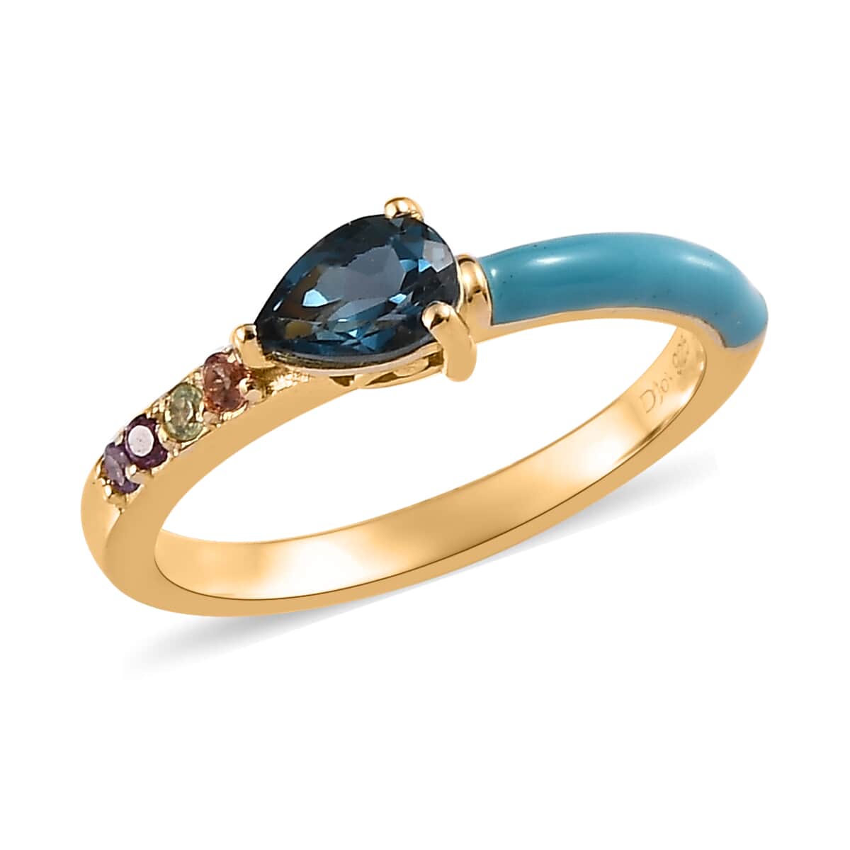 London Blue Topaz and Multi Gemstone Blue Enameled Ring in Vermeil Yellow Gold Over Sterling Silver 0.60 ctw image number 0