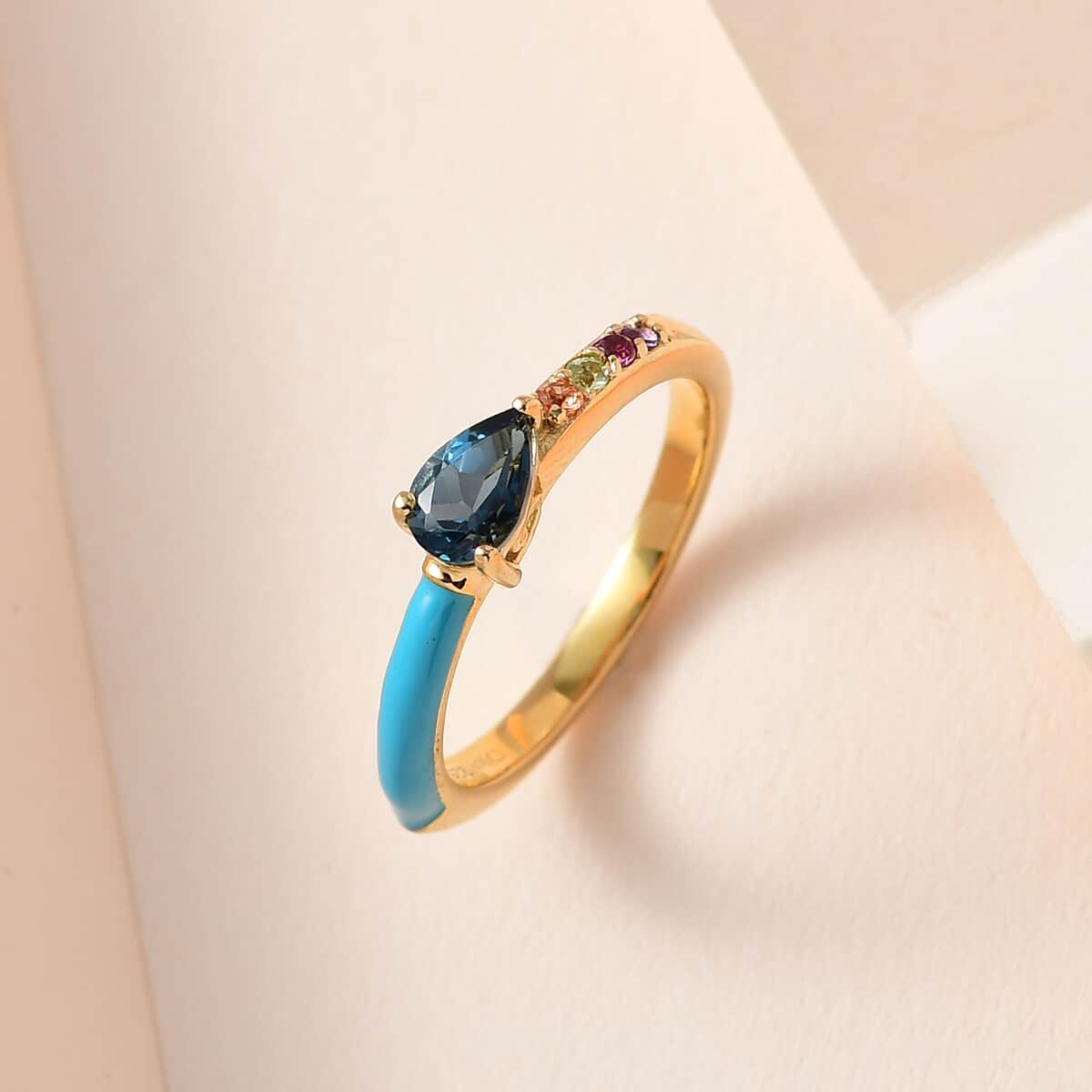 London Blue Topaz and Multi Gemstone Blue Enameled Ring in Vermeil Yellow Gold Over Sterling Silver 0.60 ctw image number 1