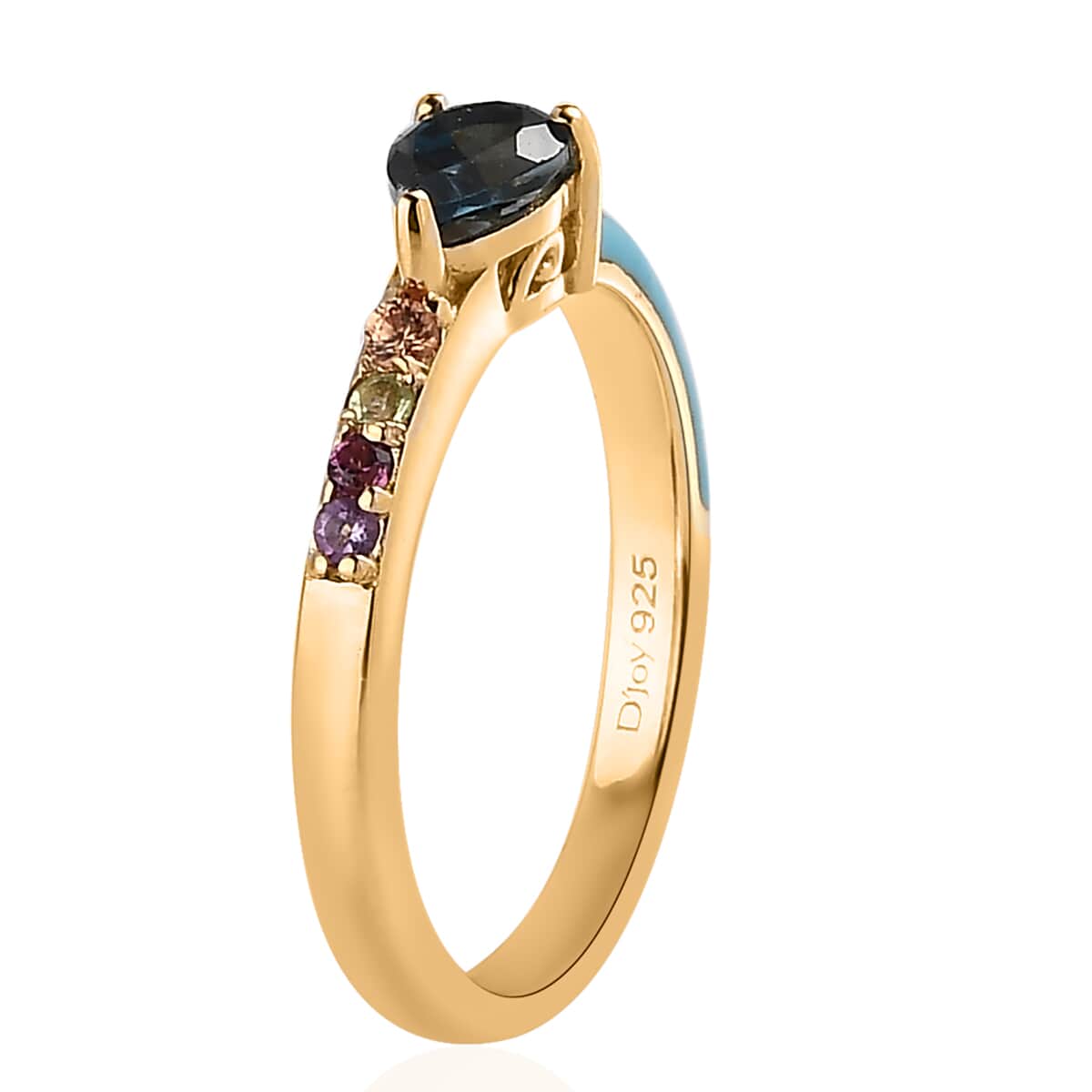 London Blue Topaz and Multi Gemstone Blue Enameled Ring in Vermeil Yellow Gold Over Sterling Silver 0.60 ctw image number 3