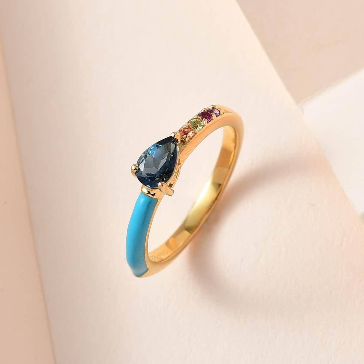 London Blue Topaz and Multi Gemstone Blue Enameled Ring in Vermeil Yellow Gold Over Sterling Silver (Size 8.0) 0.60 ctw image number 1