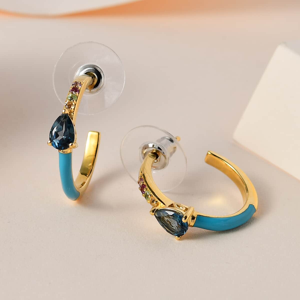 London Blue Topaz and Multi Gemstone Blue Enameled Half Hoop Earrings in Vermeil Yellow Gold Over Sterling Silver 1.15 ctw image number 1