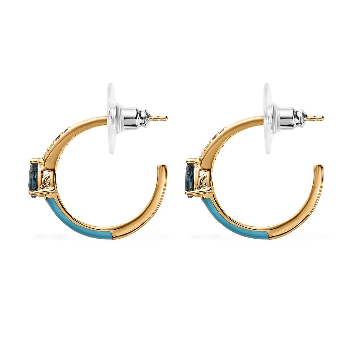 London Blue Topaz and Multi Gemstone Blue Enameled Half Hoop Earrings in Vermeil Yellow Gold Over Sterling Silver 1.15 ctw image number 3