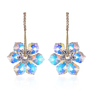 White Mystic Color Glass and Austrian Crystal Floral Earrings in Goldtone & Stainless Steel