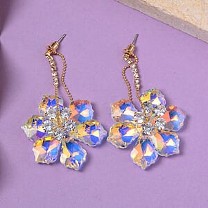 White Mystic Color Glass and Austrian Crystal Floral Earrings in Goldtone & Stainless Steel