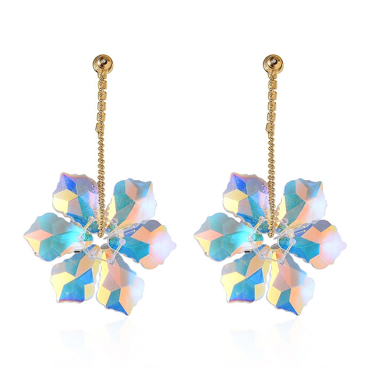 White Mystic Color Glass and Austrian Crystal Floral Earrings in Goldtone & Stainless Steel