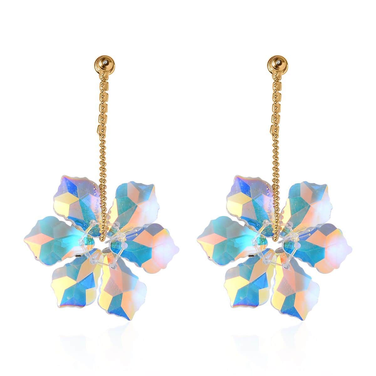 White Mystic Color Glass, Austrian Crystal Floral Earrings in Goldtone & Stainless Steel image number 3
