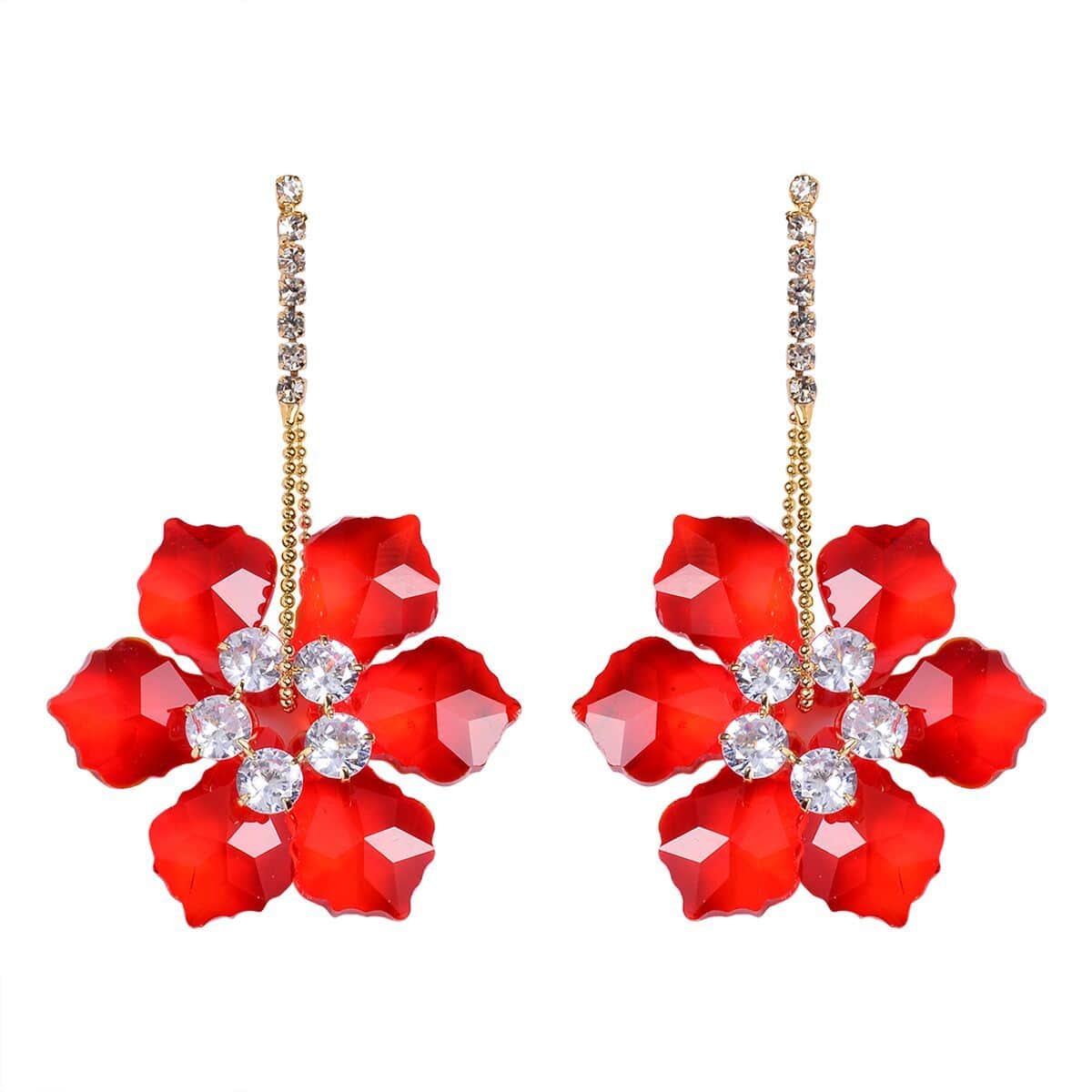 Red Glass and Austrian Crystal Floral Earrings in Goldtone & Stainless Steel image number 0