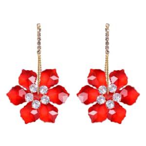Red Glass and Austrian Crystal Floral Earrings in Goldtone & Stainless Steel