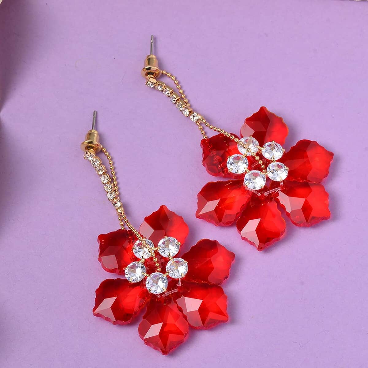 Red Glass and Austrian Crystal Floral Earrings in Goldtone & Stainless Steel image number 1