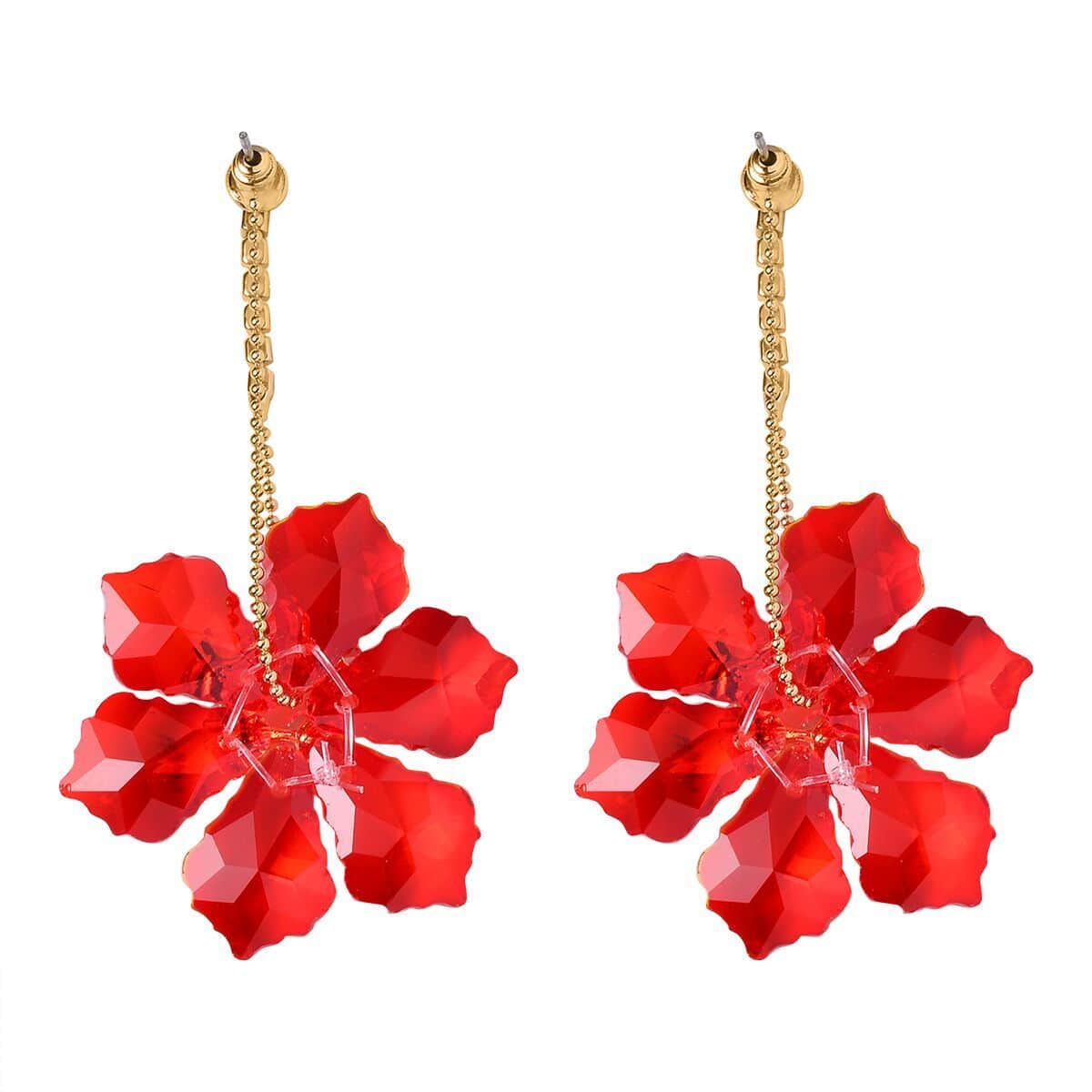 Red Glass and Austrian Crystal Floral Earrings in Goldtone & Stainless Steel image number 3