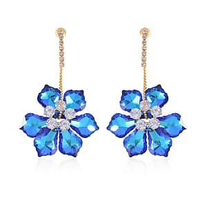 Blue Magic Color Glass and White Austrian Crystal Earrings in Goldtone
