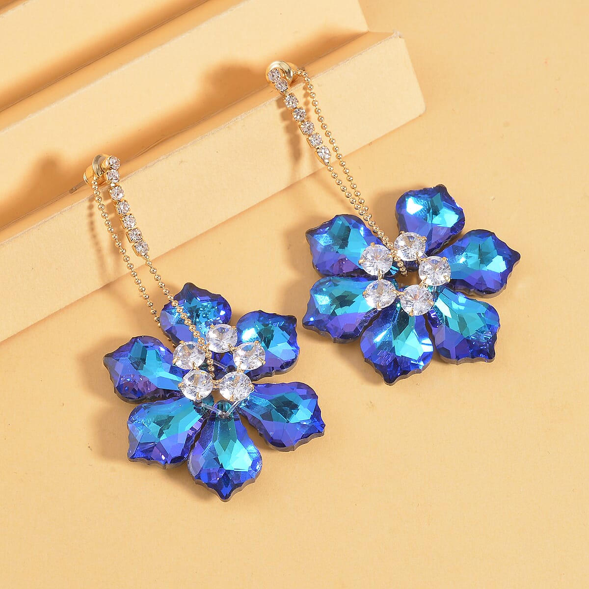 Blue Magic Color Glass and White Austrian Crystal Earrings in Goldtone image number 1