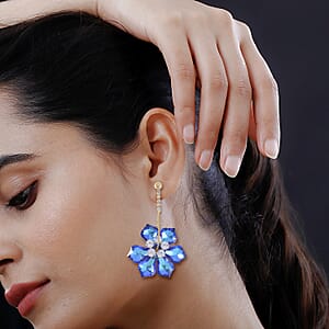 Blue Magic Color Glass and White Austrian Crystal Earrings in Goldtone