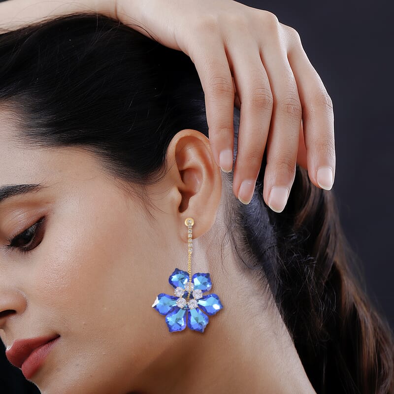 Blue Magic Color Glass and White Austrian Crystal Earrings in Goldtone