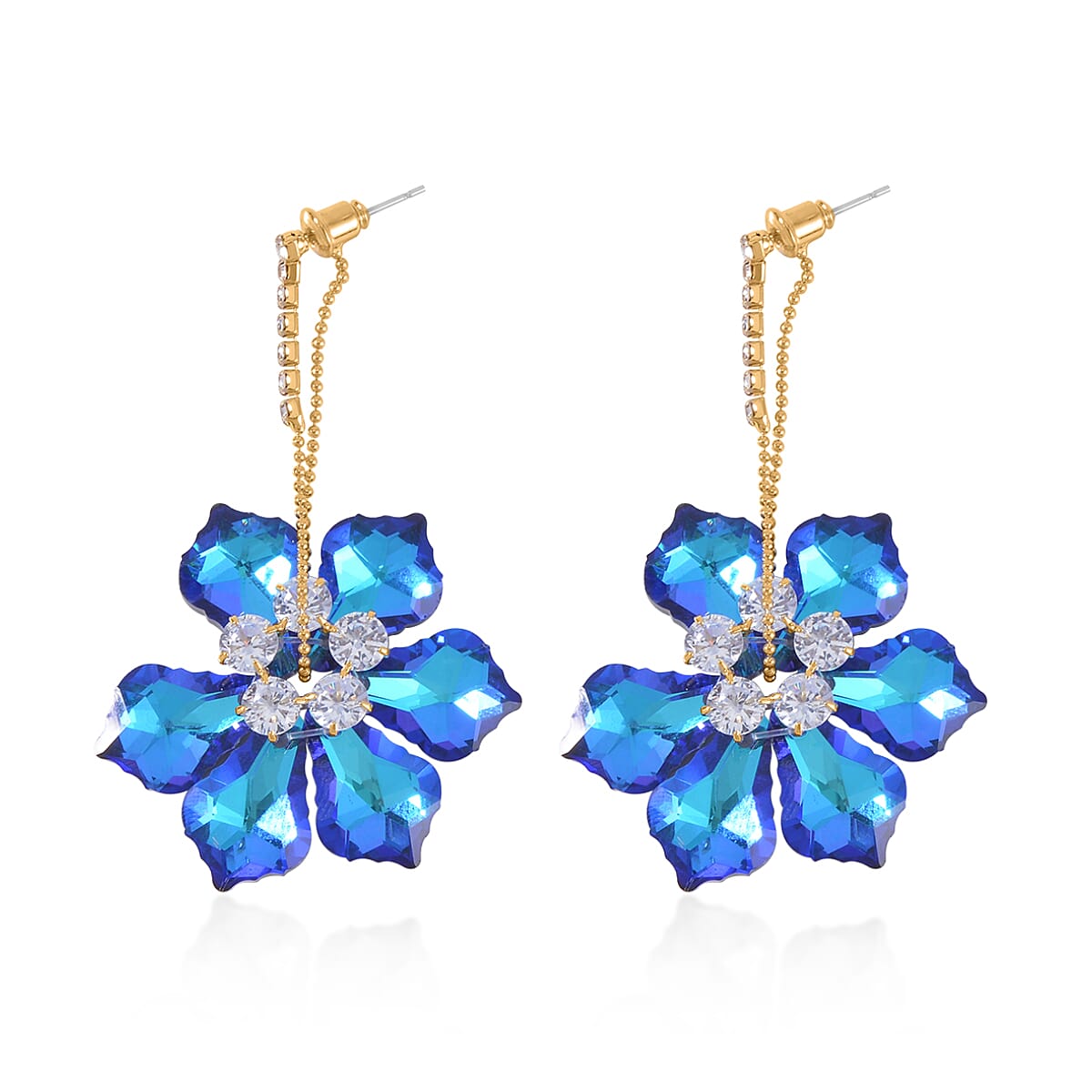 Blue Magic Color Glass and White Austrian Crystal Earrings in Goldtone image number 3