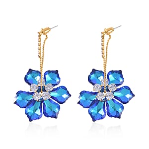 Blue Magic Color Glass and White Austrian Crystal Earrings in Goldtone