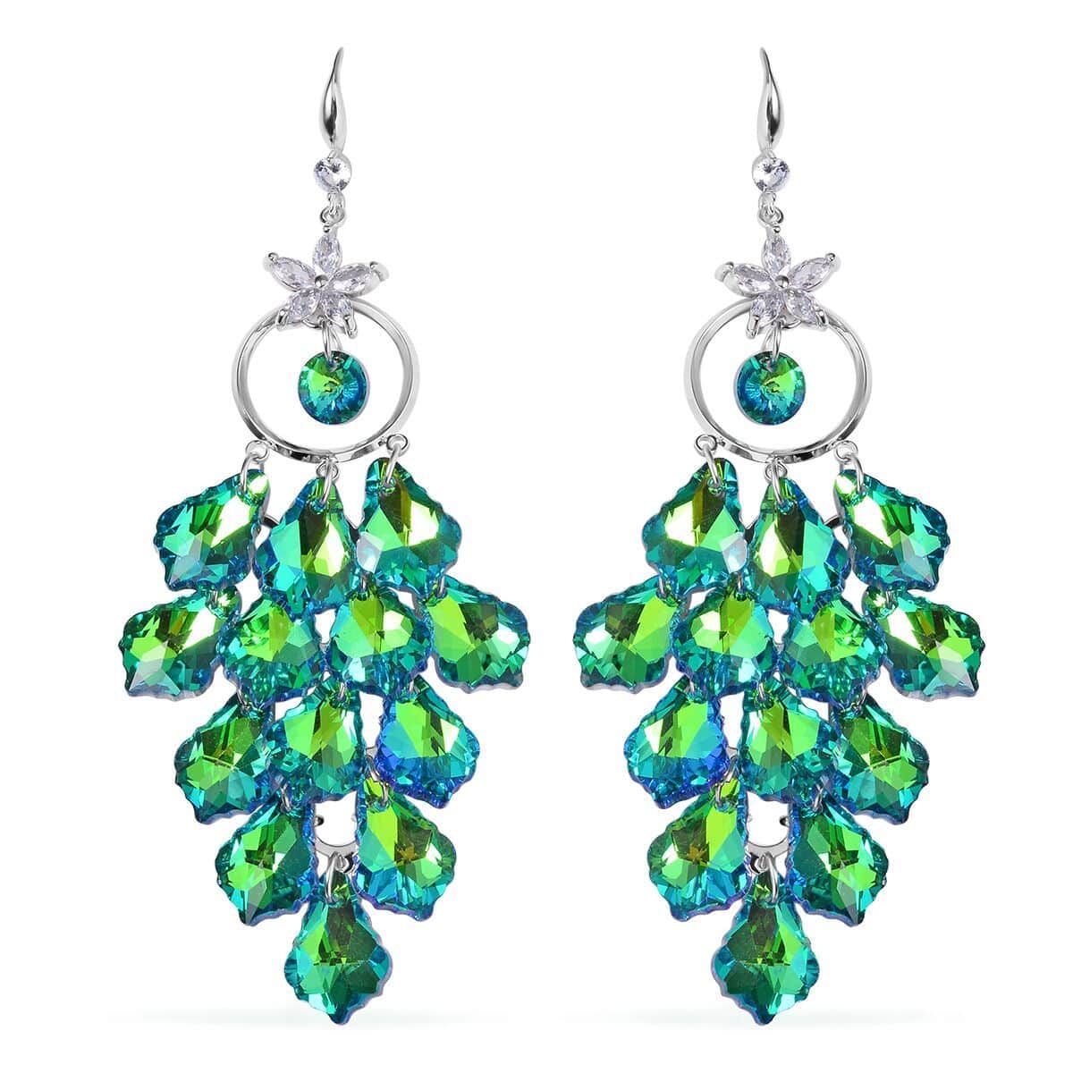 Green Magic Color Glass and Austrian Crystal Floral Earrings in Silvertone & Stainless Steel image number 0