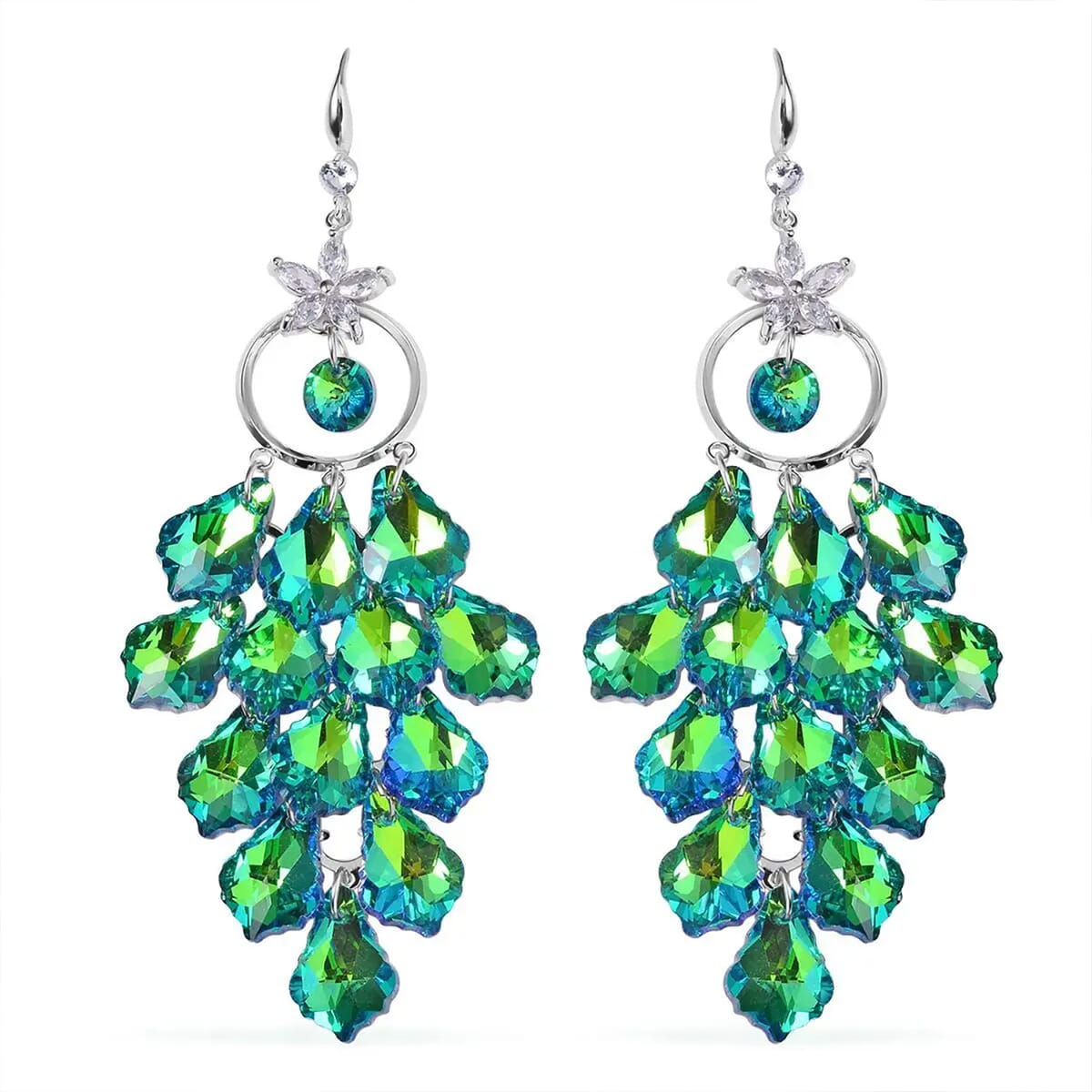 Green Magic Color Glass and Austrian Crystal Floral Earrings in Silvertone & Stainless Steel image number 0