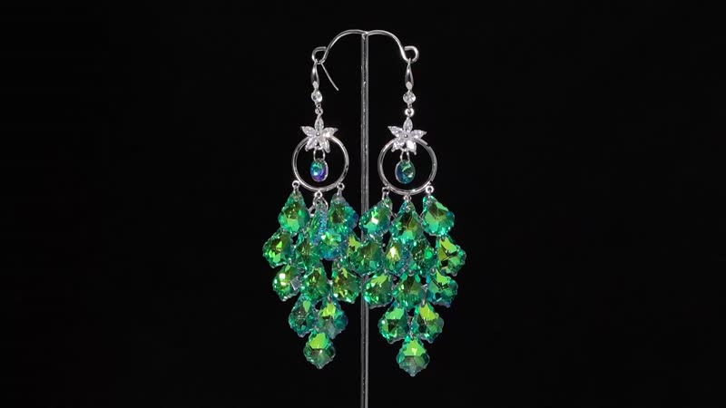 Green Magic Color Glass and Austrian Crystal Floral Earrings in Silvertone & Stainless Steel