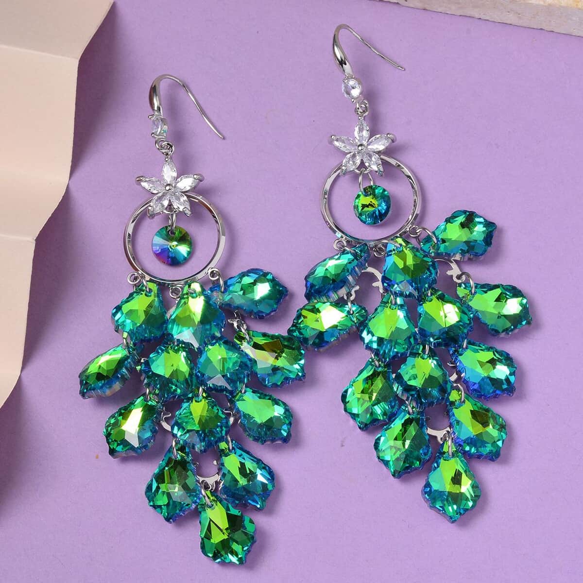 Green Magic Color Glass and Austrian Crystal Floral Earrings in Silvertone & Stainless Steel image number 1