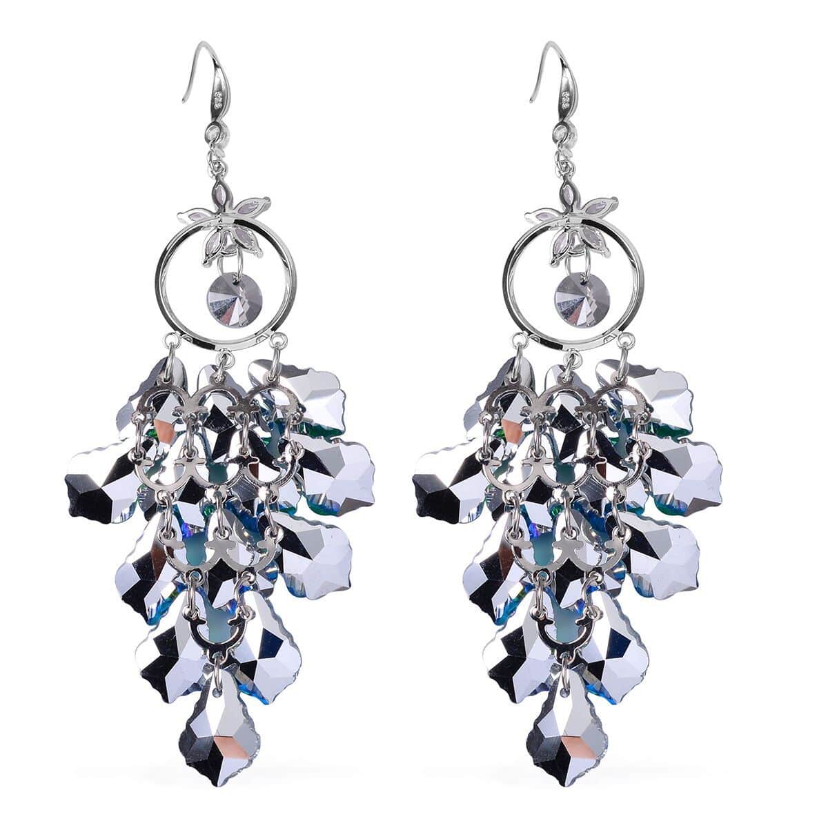 Green Magic Color Glass and Austrian Crystal Floral Earrings in Silvertone & Stainless Steel image number 3