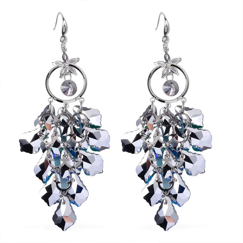 Green Magic Color Glass and Austrian Crystal Floral Earrings in Silvertone & Stainless Steel