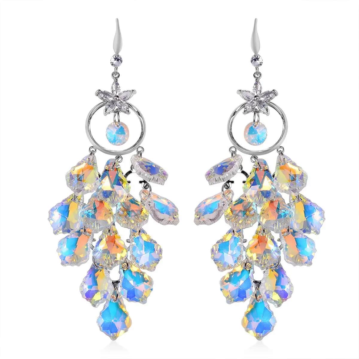 White Mystic Color Glass and Austrian Crystal Floral Earrings in Silvertone & Stainless Steel image number 0