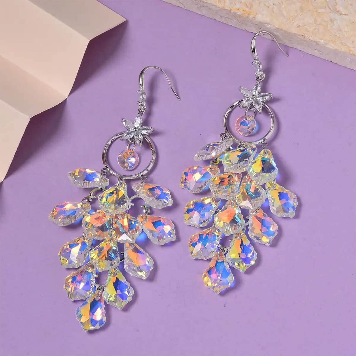 White Mystic Color Glass and Austrian Crystal Floral Earrings in Silvertone & Stainless Steel image number 1