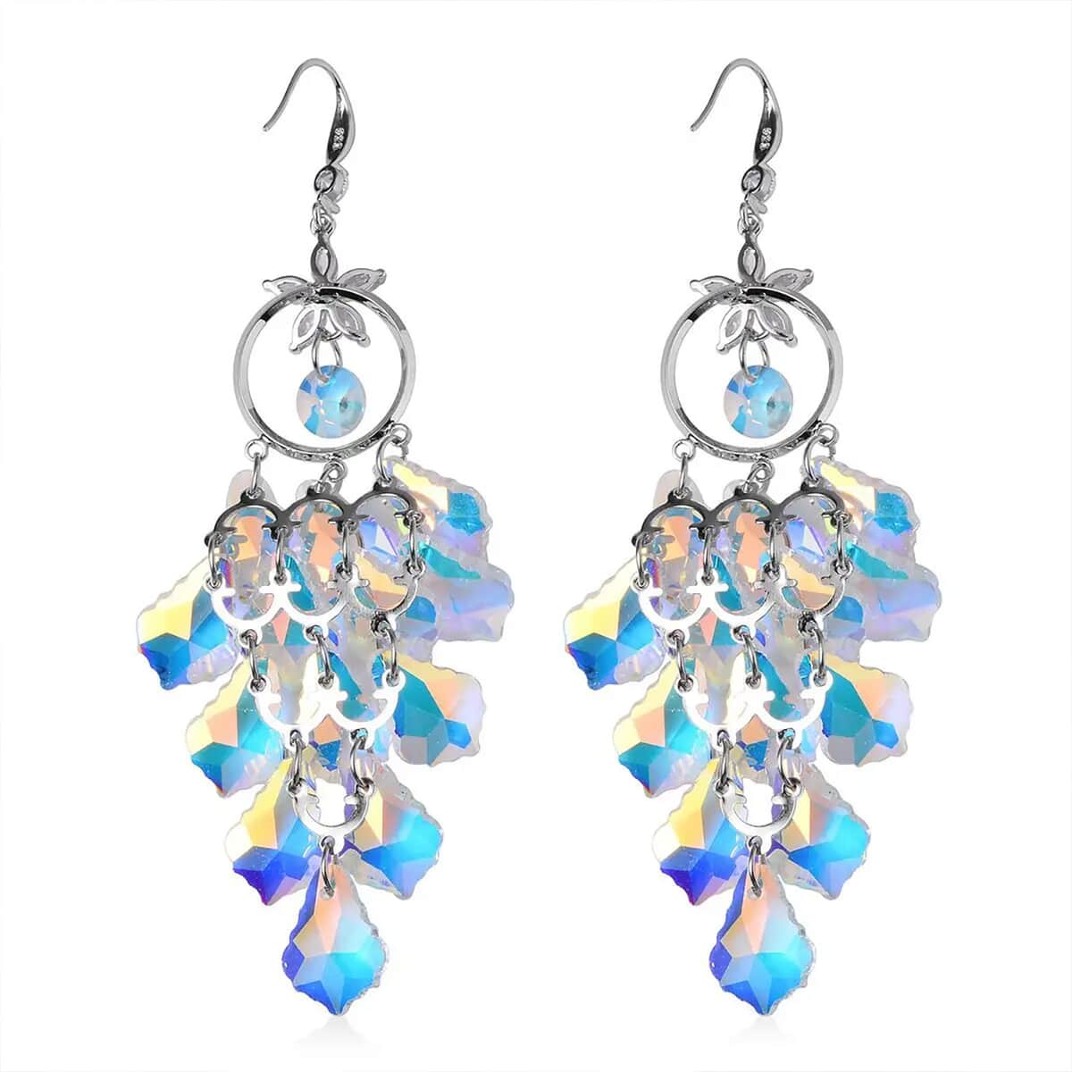 White Mystic Color Glass and Austrian Crystal Floral Earrings in Silvertone & Stainless Steel image number 8