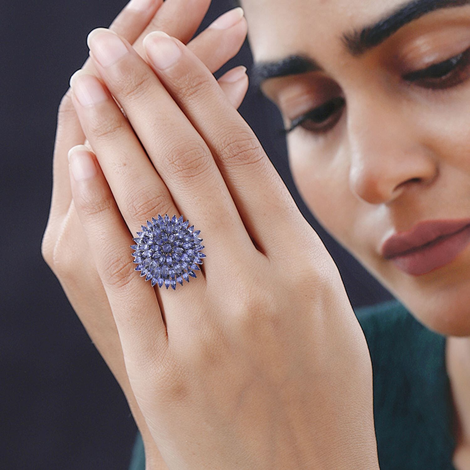 Tanzanite Floral Cluster Ring in Platinum Over Sterling Silver, Tanzanite Cluster Jewelry, Gift For Her 6.00 ctw