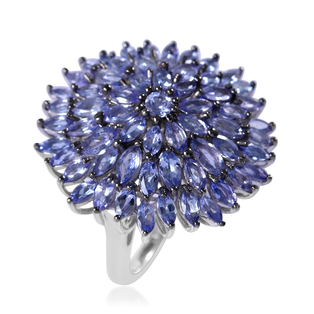 Tanzanite Floral Cluster Ring in Platinum Over Sterling Silver, Tanzanite Cluster Jewelry, Gift For Her 6.00 ctw (Size 7.00) image number 2