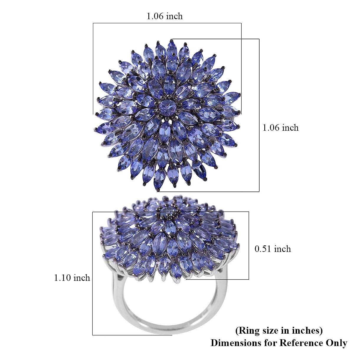 Tanzanite Floral Cluster Ring in Platinum Over Sterling Silver, Tanzanite Cluster Jewelry, Gift For Her 6.00 ctw (Size 7.00) image number 4