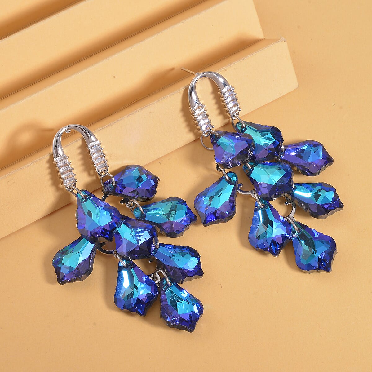 Blue Magic Color Glass and White Austrian Crystal Earrings in Silvertone image number 1