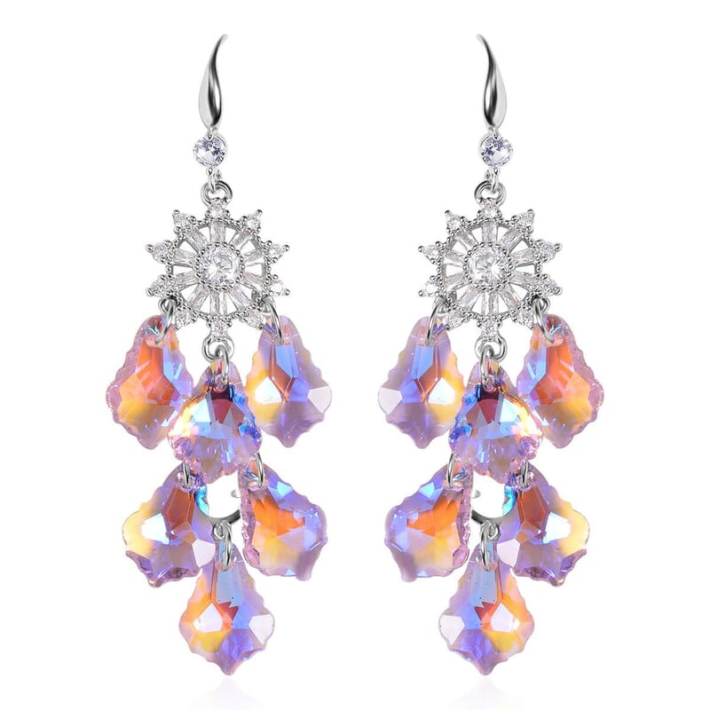 Pink Magic Color Glass and Austrian Crystal Floral Earrings in Stainless Steel and Silvertone