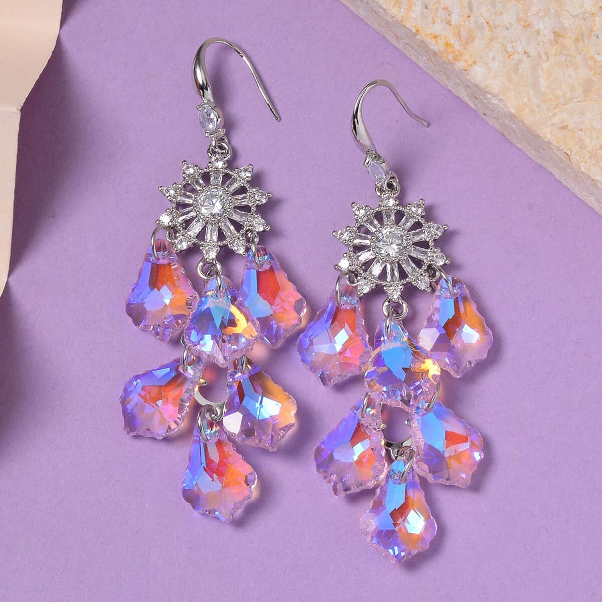 Pink Magic Color Glass and Austrian Crystal Floral Earrings in Stainless Steel and Silvertone image number 1