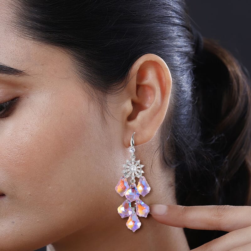 Pink Magic Color Glass and Austrian Crystal Floral Earrings in Stainless Steel and Silvertone