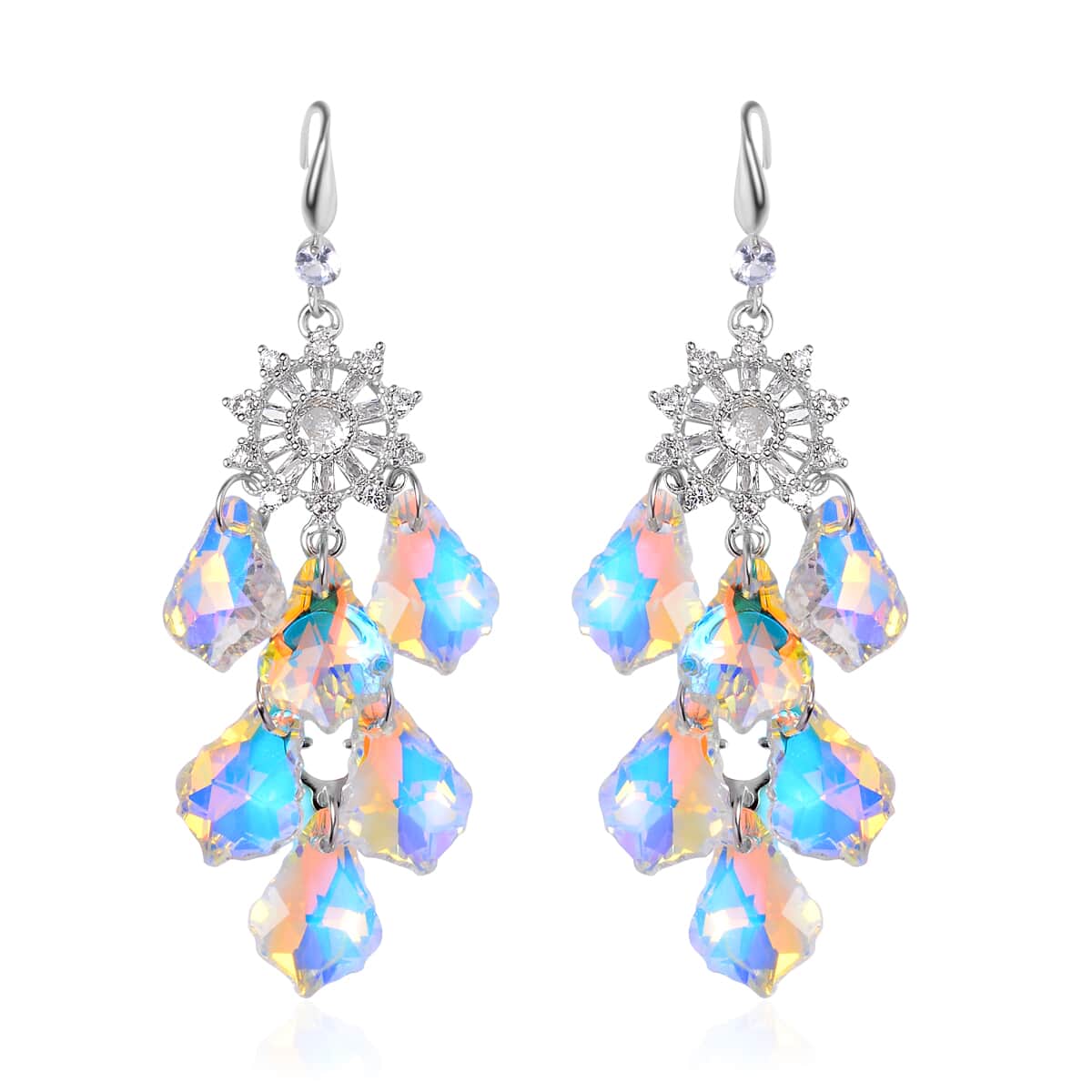 White Mystic Color Glass and Austrian Crystal Chandelier Earrings in Silvertone image number 0