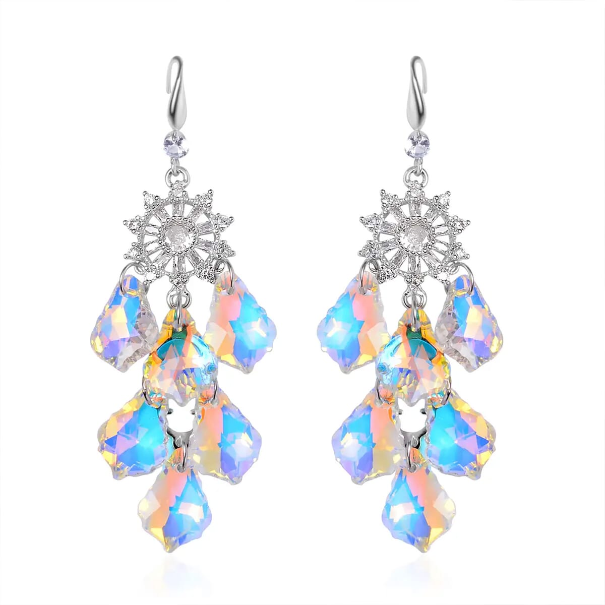 White Mystic Color Glass and Austrian Crystal Chandelier Earrings in Silvertone image number 0