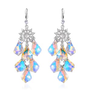 White Mystic Color Glass and Austrian Crystal Chandelier Earrings in Silvertone