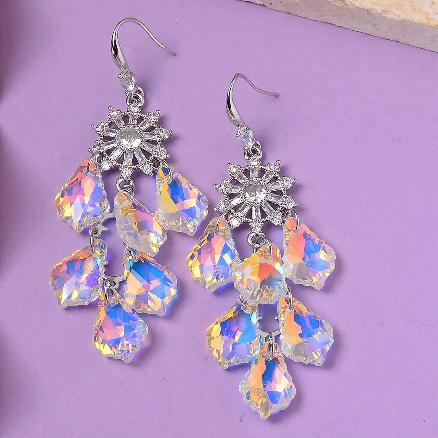 White Mystic Color Glass and Austrian Crystal Chandelier Earrings in Silvertone