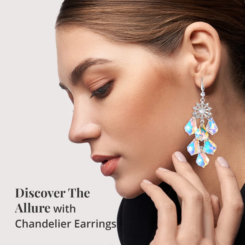 White Mystic Color Glass and Austrian Crystal Chandelier Earrings in Silvertone