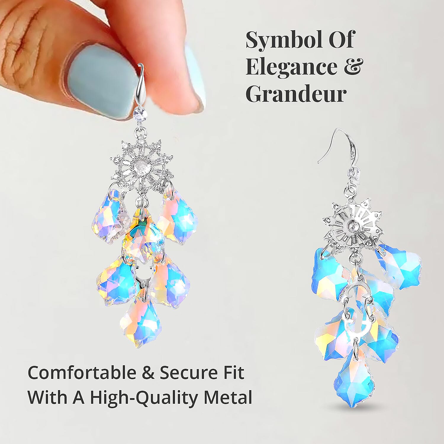 White Mystic Color Glass and Austrian Crystal Chandelier Earrings in Silvertone