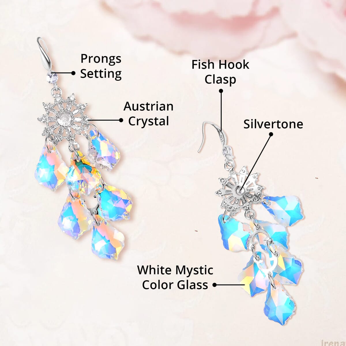 White Mystic Color Glass and Austrian Crystal Chandelier Earrings in Silvertone image number 4