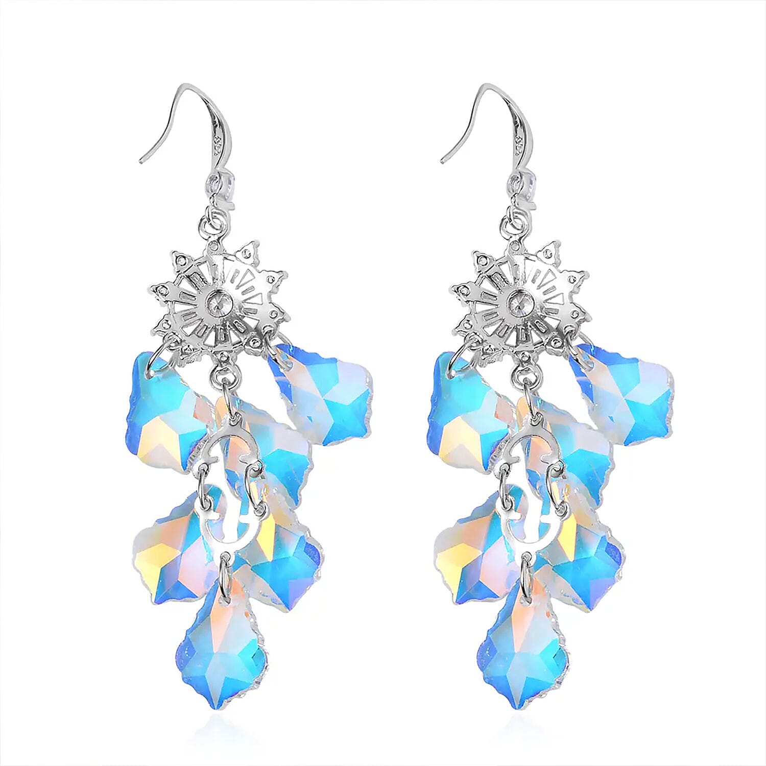 White Mystic Color Glass and Austrian Crystal Chandelier Earrings in Silvertone