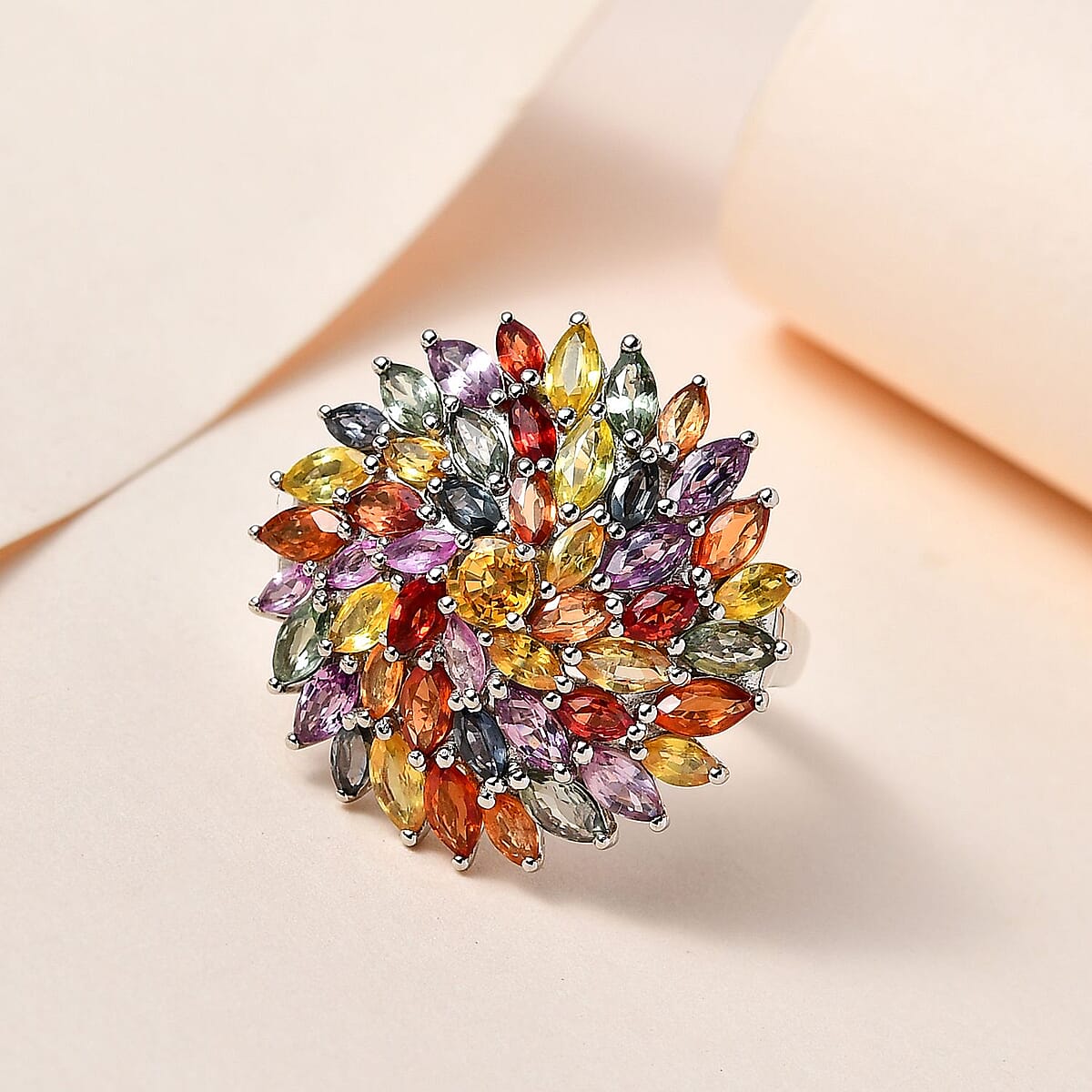 Multi Sapphire Floral Ring in Platinum Over Sterling Silver (Size 5.0) 6.85 ctw image number 1